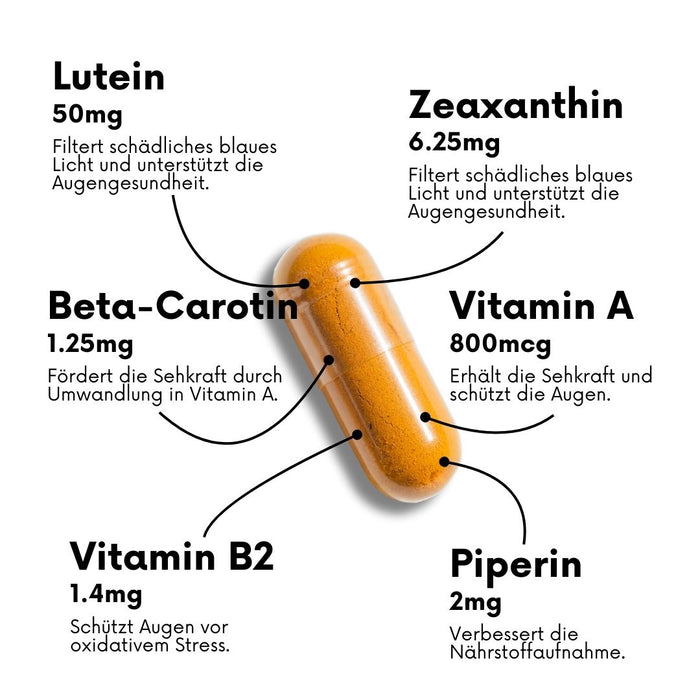 Lutein 50mg mit Zeaxanthin, Beta Carotin, Vitamin A & B2, Piperin