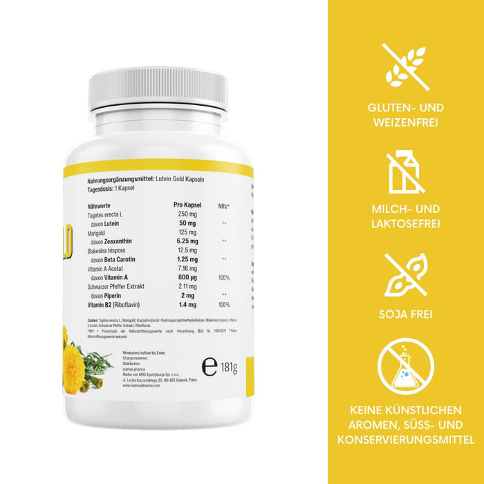 Lutein 50mg mit Zeaxanthin, Beta Carotin, Vitamin A & B2, Piperin