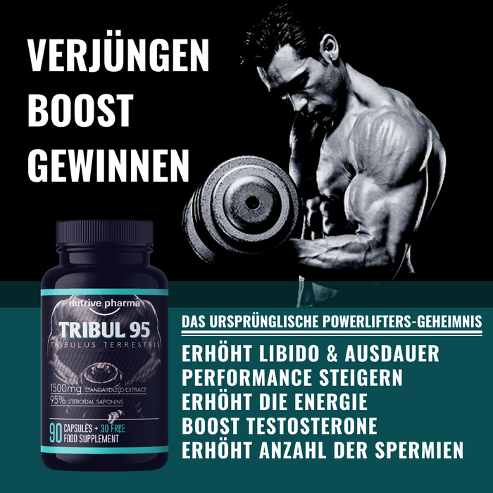 Tribul95® Tribulus Terrestris hochdosiert - 6000mg pro Tagesdosis - 95% Saponine - Natürlicher Pflanzenextrakt - Fördert neue Energie - Testo - 1500mg in einer Kapsel